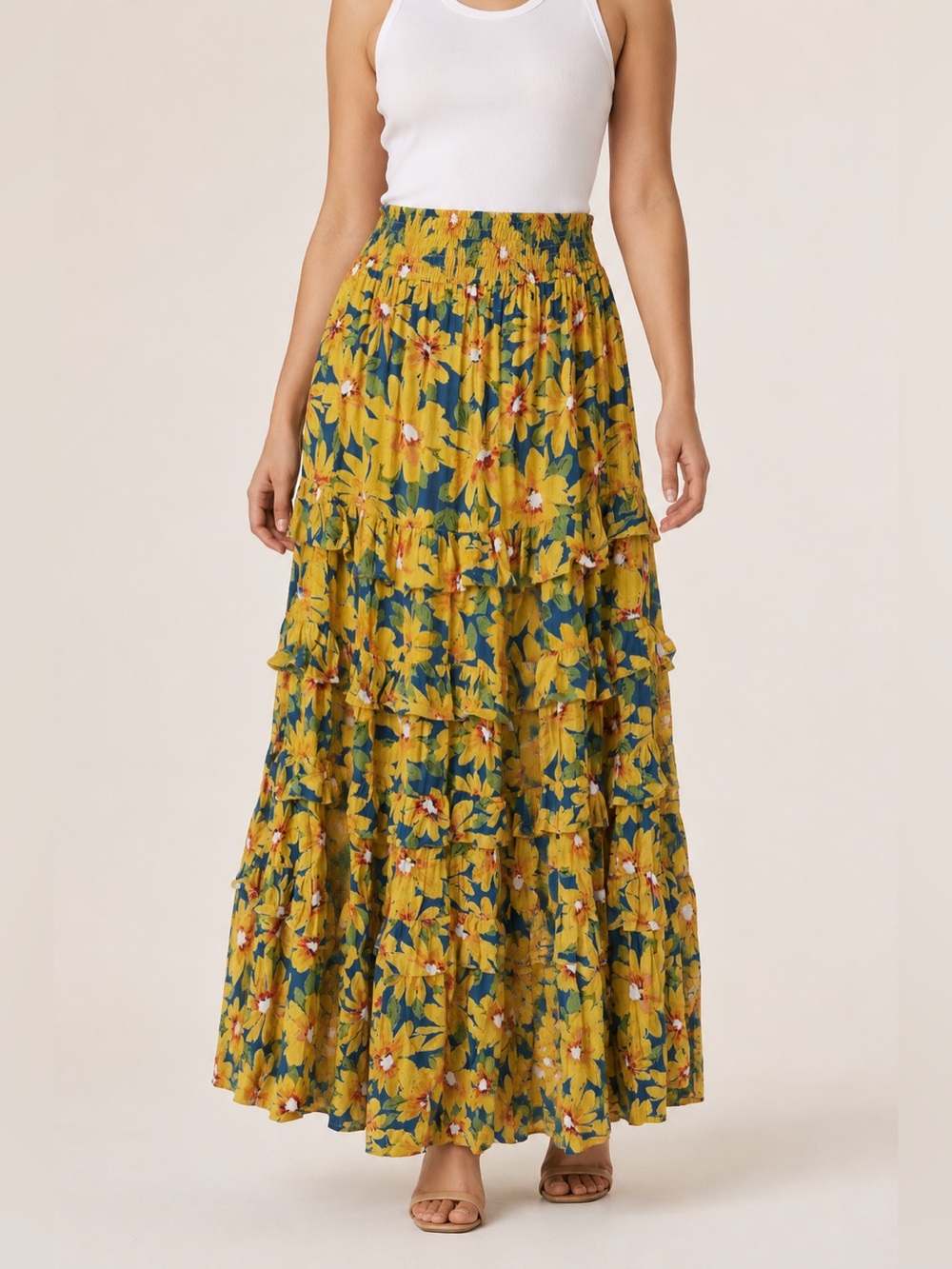 Vintage Angie Blue Yellow Floral Tiered Ruffle Maxi Skirt Size Small